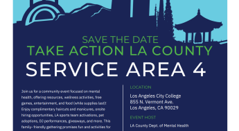Blue flier with an outline of the city and information about the Take Action La County Service Area 4 Event