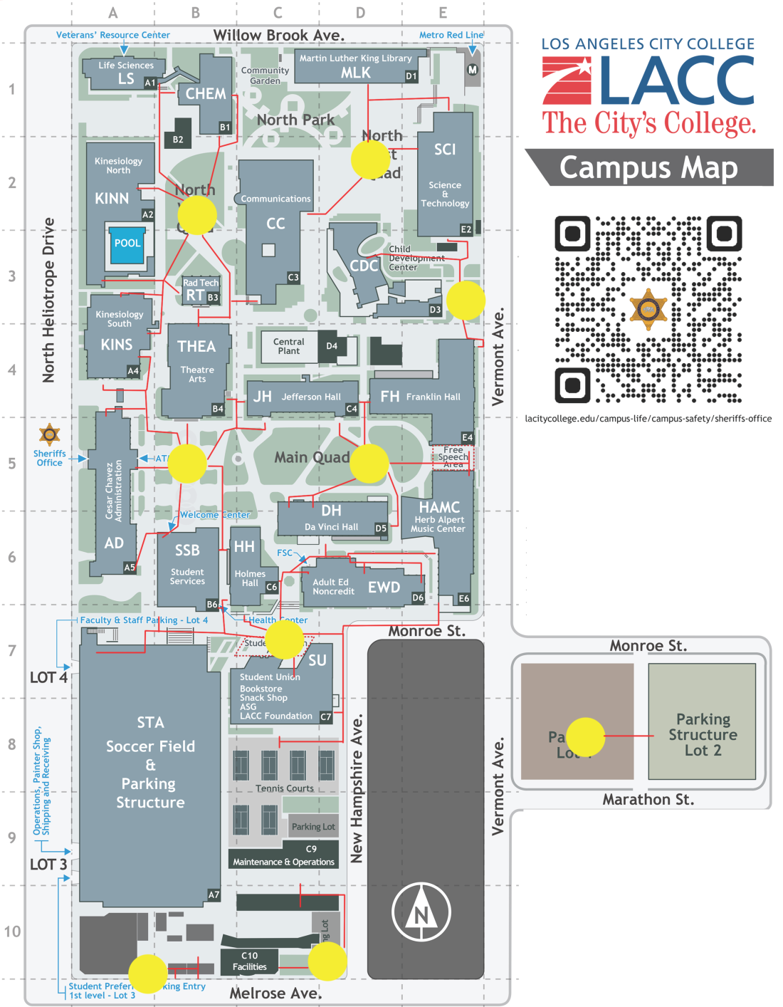 LACC Campus evacuation map showing assembly areas and evacuation routes from buildings. Revised 2023