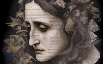 Artist rendition of Mary Shelley's face covered with text from Frankenstein