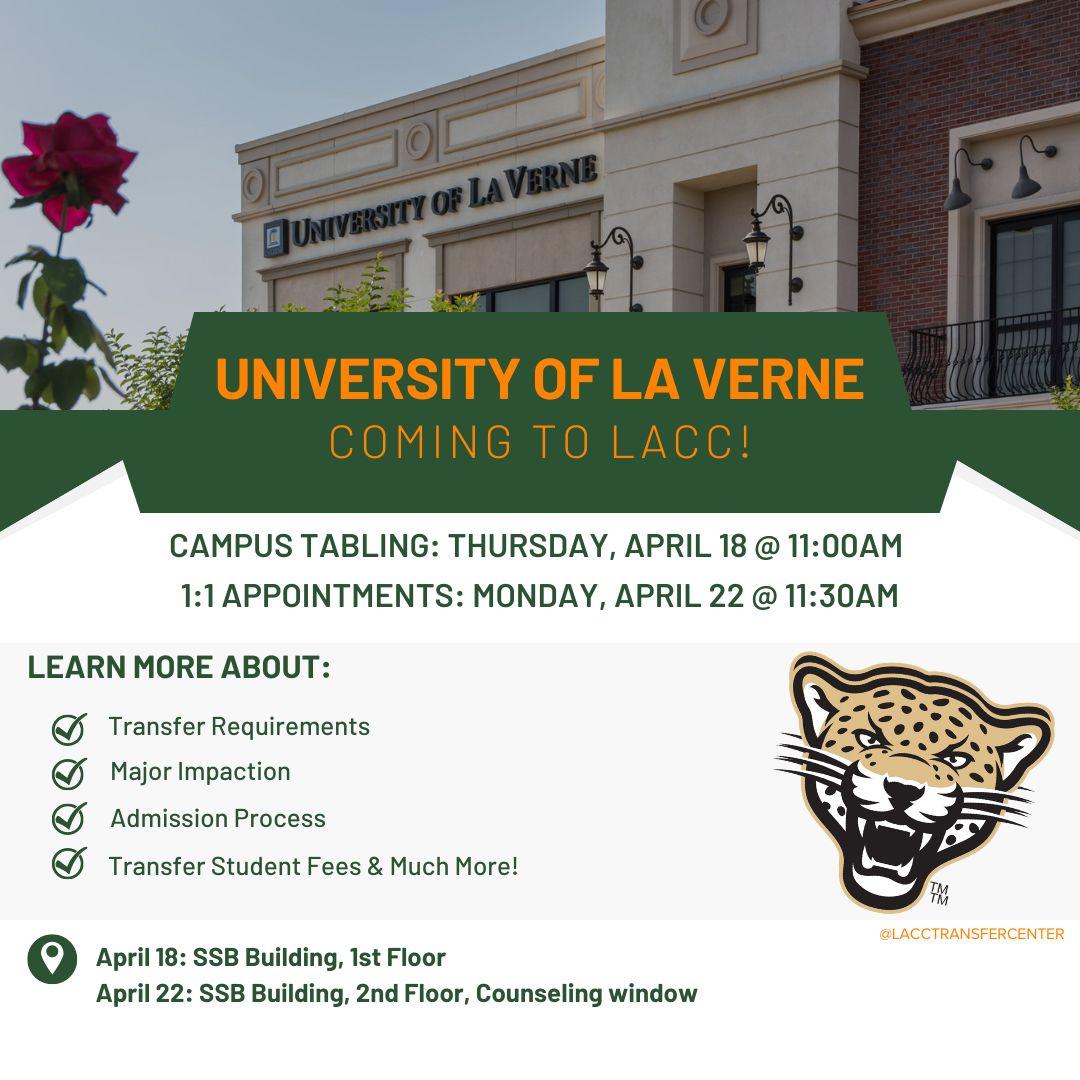 Green and White flyer with a background of La Verne Campus and school mascot leopard. 