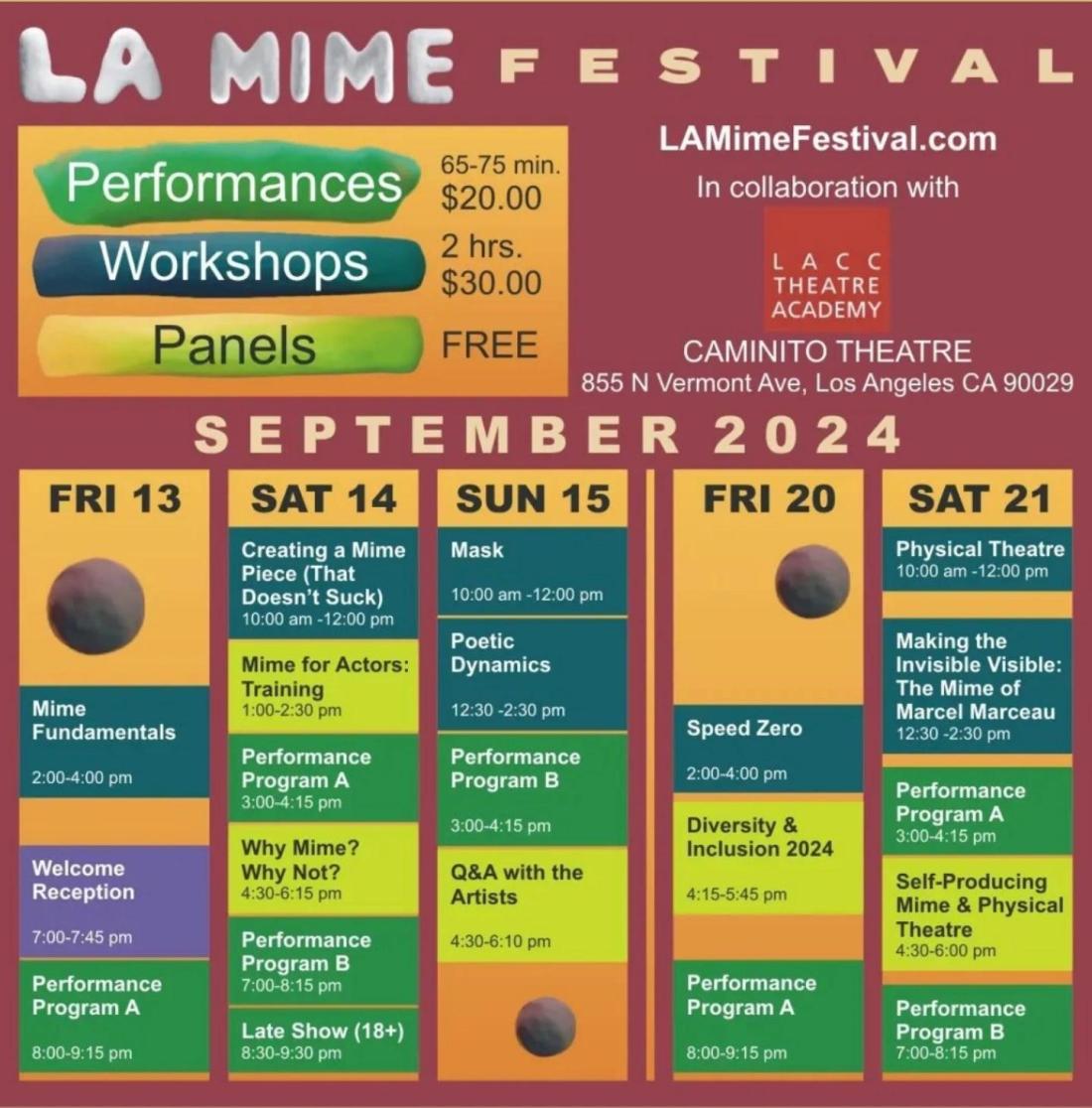 The poster lists event details for the LA Mime Festival, happening in September 2024 at Caminito Theatre. It highlights performances, workshops, and panels, with prices: $20 for performances, $30 for workshops, and free panels. The schedule runs from Friday, Sept. 13 to Saturday, Sept. 21, featuring events like "Mime Fundamentals," "Creating a Mime Piece," "Mask," "Speed Zero," and more. The poster also shows the festival's website: LAMimeFestival.com